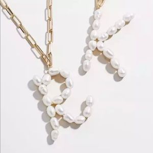 Freshwater pearl Initial gold paperclip necklace